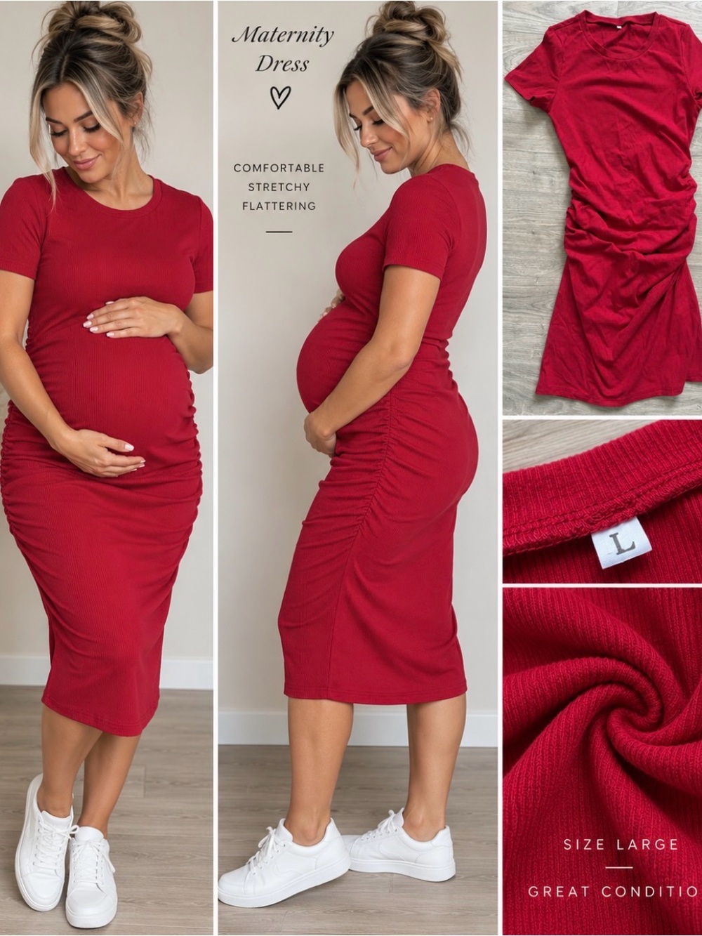 Red Ribbed Ruched Maternity Dress Size Large